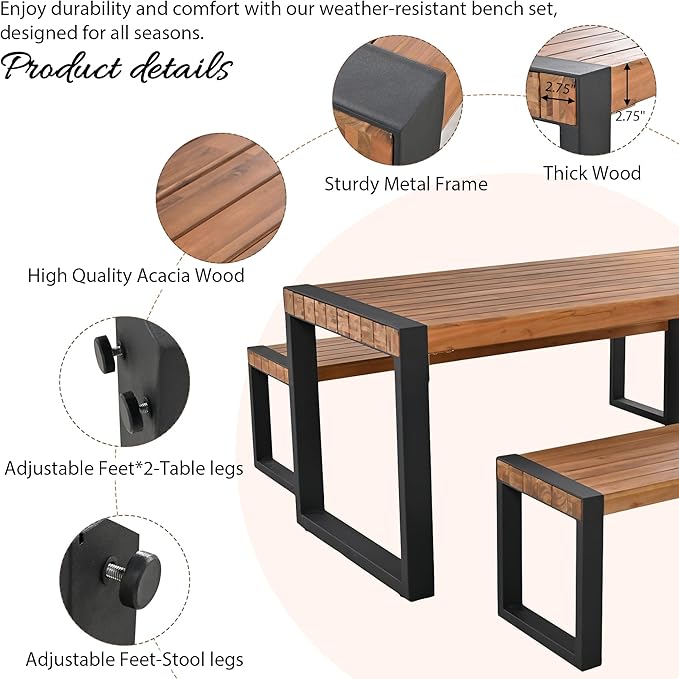 3 PC Outdoor Dining Set with 2 Benches Acacia Wood Tabletop & Steel Frame | All-Weather Patio Furniture for Backyard, Garden, or Indoor Use, Natural