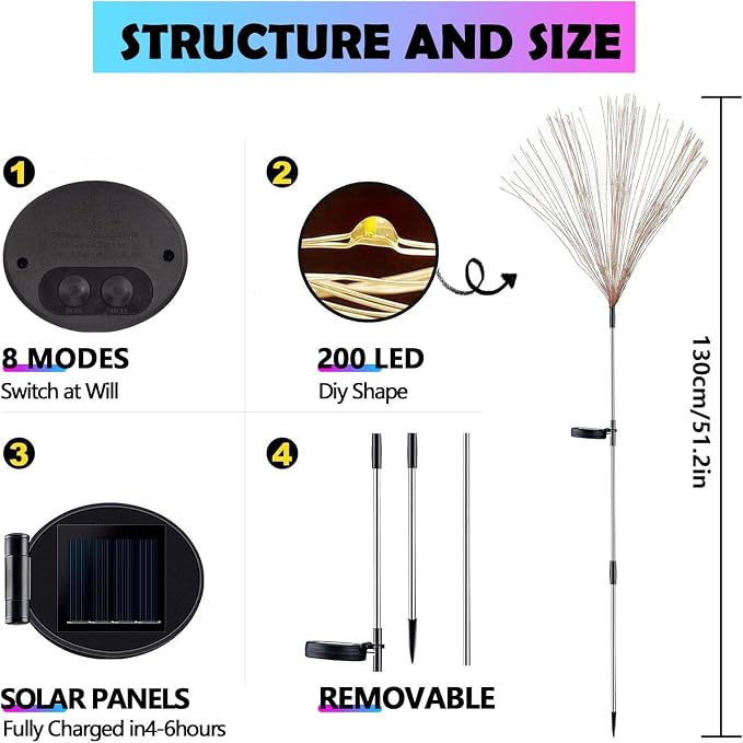 Solar Firework Lights Outdoor, Adjustable 32" to 51" Extra Tall, 200 LED Stainless Steel 3-Section Pole, 8 Modes Waterproof Starburst Garden Lights for Yard Pathway Walkway Decor(Warm White 2 Pack)