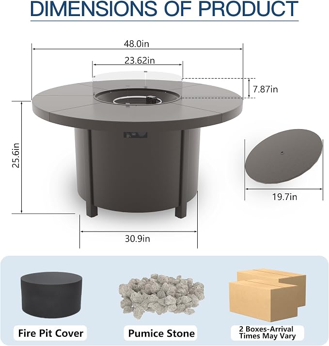 5 Pieces Outdoor Patio Furniture Set with 48" 55000 BTU Round Propane Fire Pit Table,Patio Dining Set Outdoor Conversation Sets 4 Swivel Chairs for Deck,Backyard and Garden,Grey