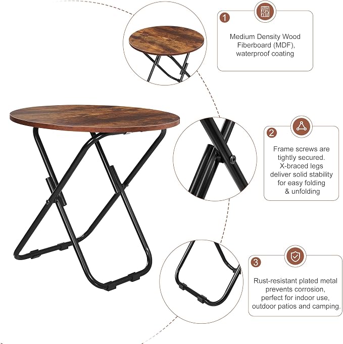 VECELO 17.7" Small Folding Table Set of 2,Round Patio Outdoor Side Table, Foldable Wooden Table with Weather Resistant Steel Frame, Patio Table for Camping Picnic Garden Small Space