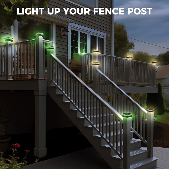 2 Packs 4x4 Solar Post Lights Outdoor, Green & Warm White LED Fence Caps Light Waterproof, Wood & Vinyl Post Top Lighting for Deck Mailbox Railing Porch Outside