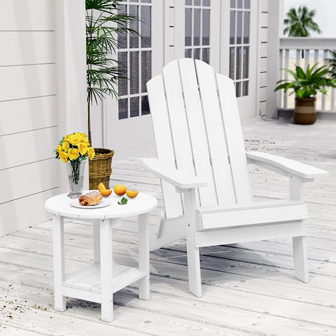 MXIMU Round Outdoor Side Table Adirondack Tables 18 Inch Chairside End Tables with Storage Shelf, 2-Tier Plastic Patio Side Table for Balcony Backyard Lawn (White, 1 Pack)