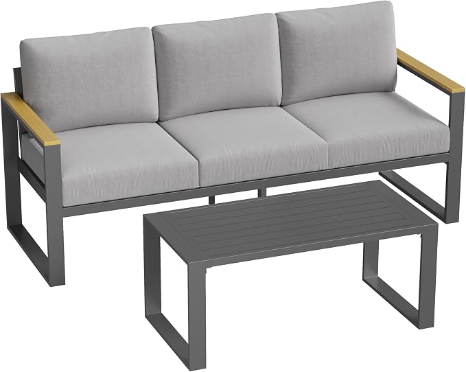 IDEALHOUSE Aluminum Outdoor Patio Furniture - 1 Pcs 3-Seat Sofa and Coffee Table, All-Weather Metal Modern Outside Furniture with Washable Thick Cushion for Balcony, Garden, Deck, Backyard, Gray