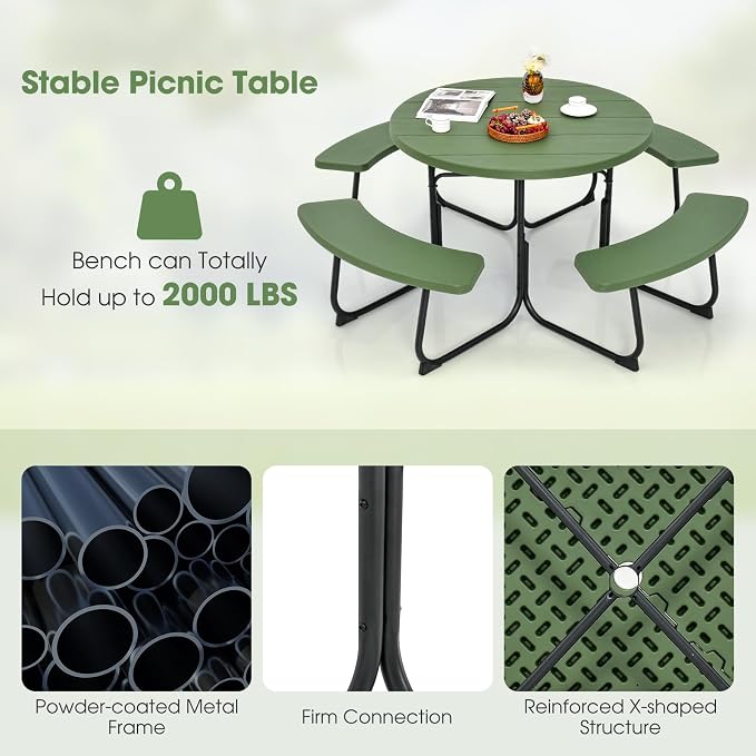 Giantex Picnic Table Set for Up to 8 Persons, Round Outdoor Table and Bench Set with Umbrella Hole, HDPE Top & Metal Frame, 2000LBS Capacity, Patio Table Bench for Deck Backyard Garden (Green)