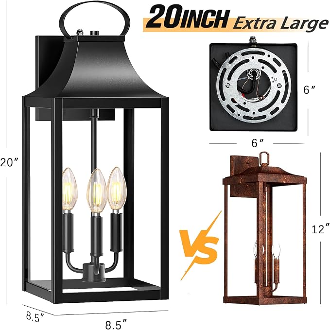 20" Extra Large Dusk to Dawn Outdoor Wall Light with 3-Light, Black | Exterior Lighting Fixtures, Waterproof Wall Mount Porch Lantern, Modern Outside Wall Sconce Garage Coach Light, E12, 1 Pack