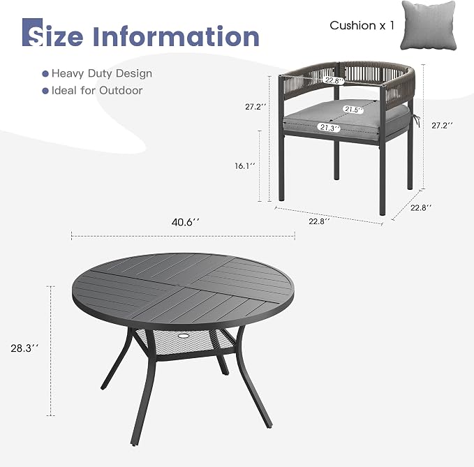 VICLLAX Patio Dining Set, 40.7" Black Table & 4 Chairs with Grey Cushion | Outdoor Table and Chairs Set of Round Metal Patio Table, Outdoor Dining Chairs with Metal Frame, Garden Deck Porch