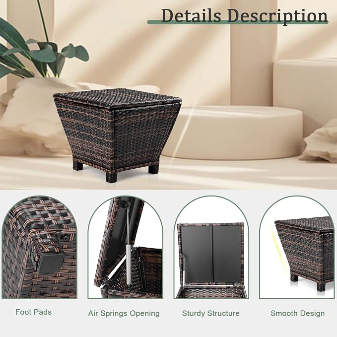 Outdoor Side Table with Storage, 13-Gallon Storage Box Outdoor Wicker Side Table for Patio Storage Table, Brown