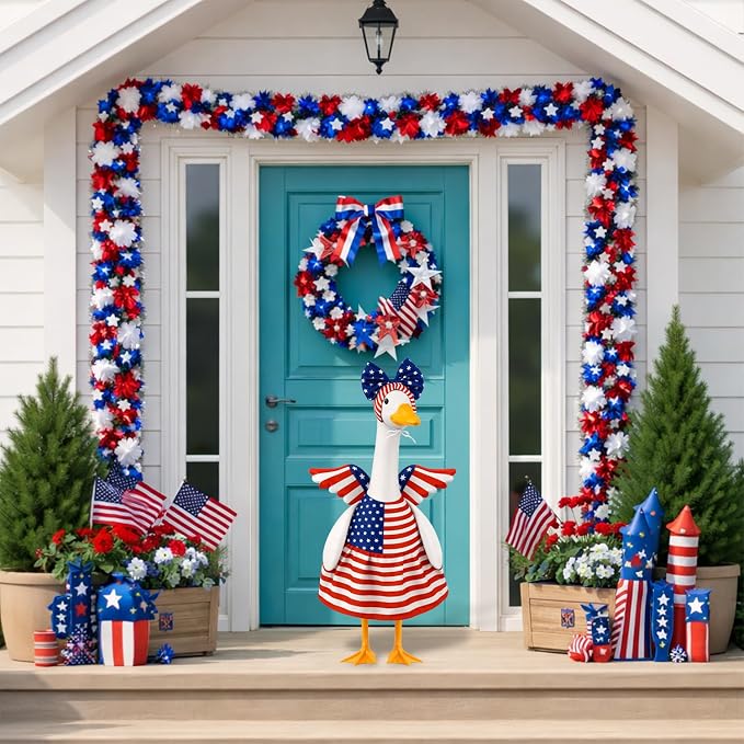 4th of July Porch Goose Outfits Patriotic Goose Costume for Outdoor Decor | for 23''H Plastic and Cement Statue, Independence Memorial Day Garden Patio Decoration