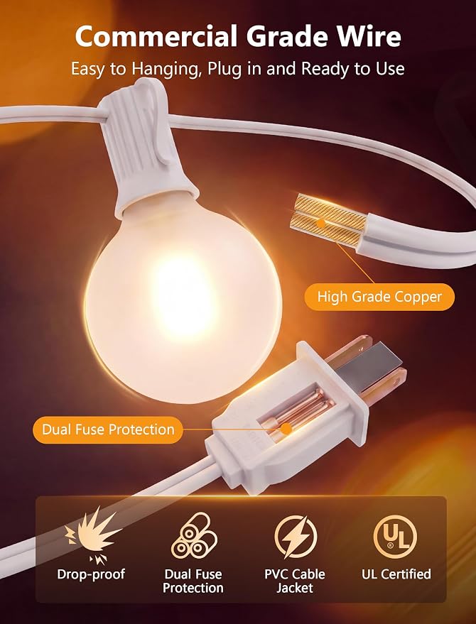25Ft G40 LED Frosted White String Lights Outdoor with 27 Shatterproof Globe Bulbs Patio Lights White Wire, Waterproof Hanging Bistro Lights for Wedding Party Backyard Garden Porch Christmas Decor