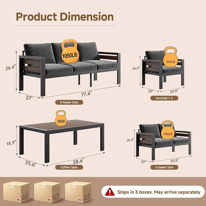 Outdoor Aluminum Patio Furniture Set, 7 Seat 5 Pieces Rust-resistant Patio Conversation Sets with 28D Thick Washable Cushions and Coffee Table, Oversized Metal Sectional Sofa Set for Backyard