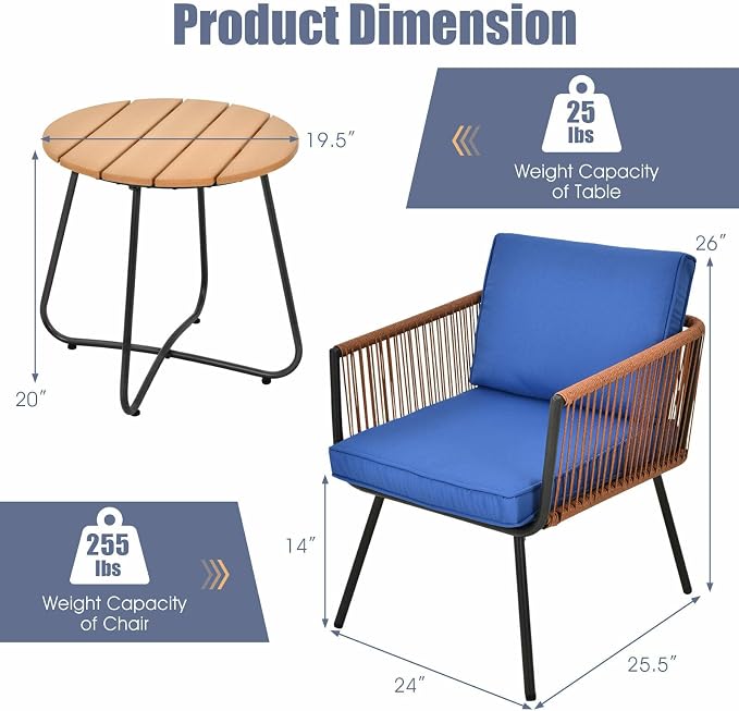 MARURY 3PC Patio Birsto Furniture Set, Outdoor Conversation Set, Cushioned Sofa Armrest Coffee Table Blue, for Porch, Garden, Balcony