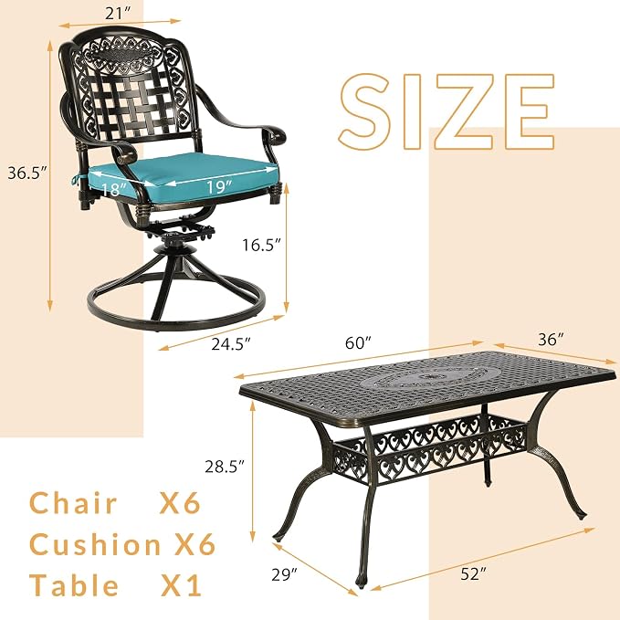 7-Piece Outdoor Patio Dining Set, 60” Rectangular Cast Aluminum Dining Table with Umbrella Hole and 6 Cushioned Swivel Rocker Chairs, Patio Funiture Set for Backyard, Patio, Garden, Blue