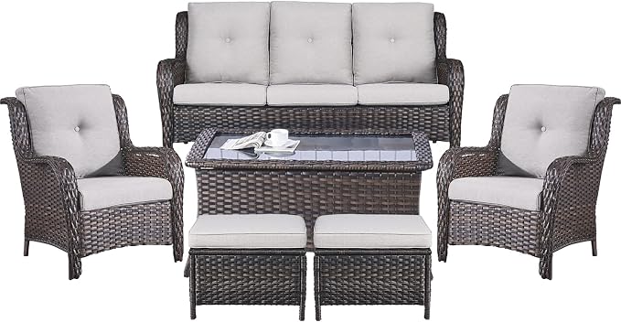 Belord Patio Wicker Sofa Set 6 Pieces Patio Furniture Set Outdoor Couch, 2 Patio Wicker Chairs with 1 Sofa, Coffee Table and Ottomans, Patio Conversation Set for Porch Garden Deck Balcony Poolside