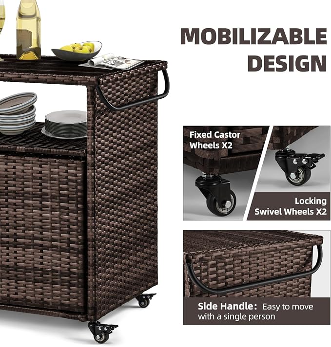U-MAX Outdoor Grill Table with Storage Kitchen Island Prep Table Rattan Storage Cabinets Outdoor Grill Cart for Patio, Outside, Backyard, Bar, BBQ Serving Cart Cooking Grilling Station