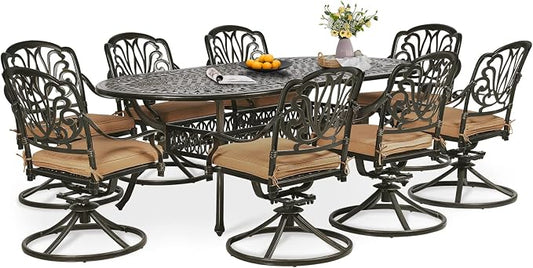 9-Piece Patio Dining Set, Oval Cast Aluminum Dining Table & 8 Swivel Chairs with Umbrella Hole