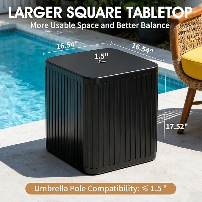 BoYata Umbrella Side Table, 2-in-1 Outdoor Side Table with Umbrella Hole, 15.9 Gallon Fillable Umbrella Stand Base, Heavy Duty & Sturdy, Fit Up to 1.5" Pole, Square Patio Side Table for Poolside, Deck