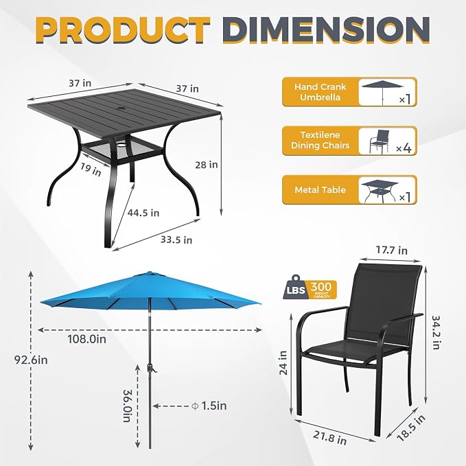Crownland 5 Piece Patio Dining Set, Textilene Dining Sets, 4 Textilene Metal Chairs and Square Outdoor Dining Table with Sky Blue 9FT Round Outdoor Umbrella (Black)