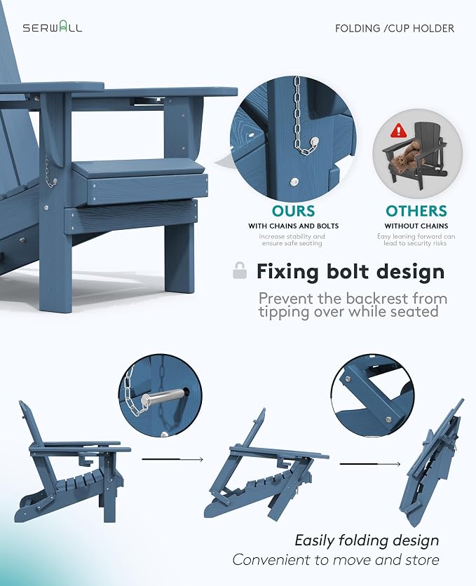 SERWALL Folding Adirondack Chairs, HDPE Adirondack Chairs Set of 4, Plastic Outdoor Chairs,Blue
