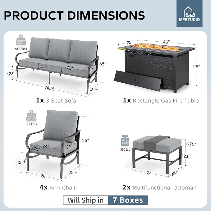 MFSTUDIO 6 Pieces Patio Furniture Sets with 45" Gas Fire Pit Table(Up to 7 Seat), Outdoor Metal Frame Patio Conversation Sofas with 1 x 3-Seat Sofa, 2 Sofa Chairs and 2 Ottoman, Grey Cushion
