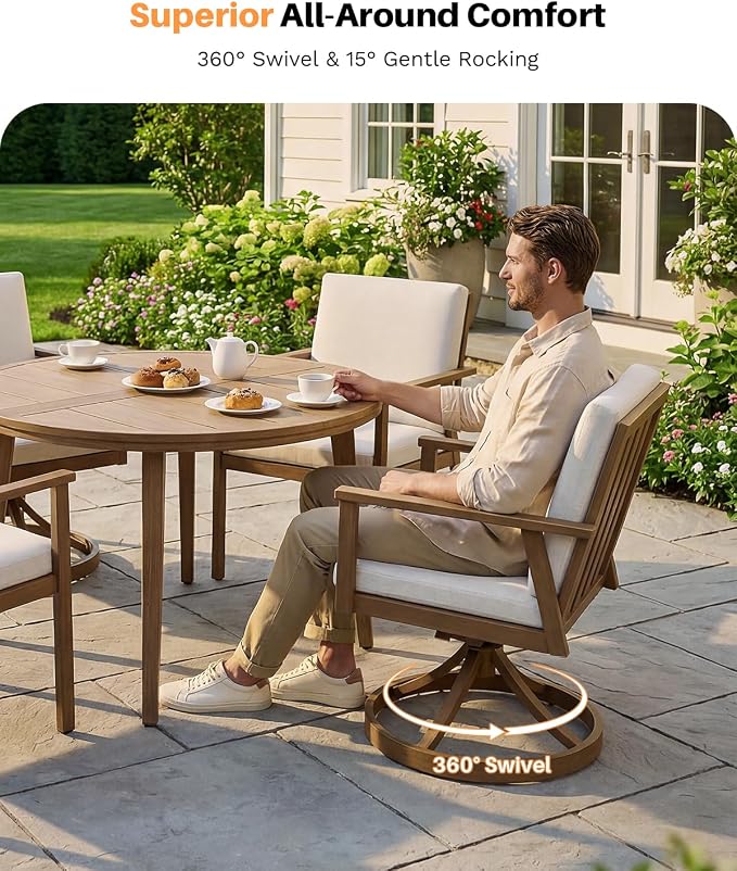 5-Piece Round Outdoor Dining Set, Never-Rust Aluminum Outdoor Table and Chairs Set, 41" Round Dining Table with 2 Swivel Dining Chairs, Modern Patio Dining Set for Garden, Deck, Yard, Teak