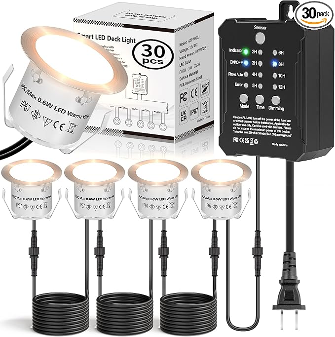 HIBOITEC 30 Packs Low Voltage Deck Lights Recessed Kit with Transformer Dimmable Timer and Photocell Sensor Outdoor LED Deck Lighting IP67 Waterproof 2700K for Garden Yard Stair Patio Floor Decoration