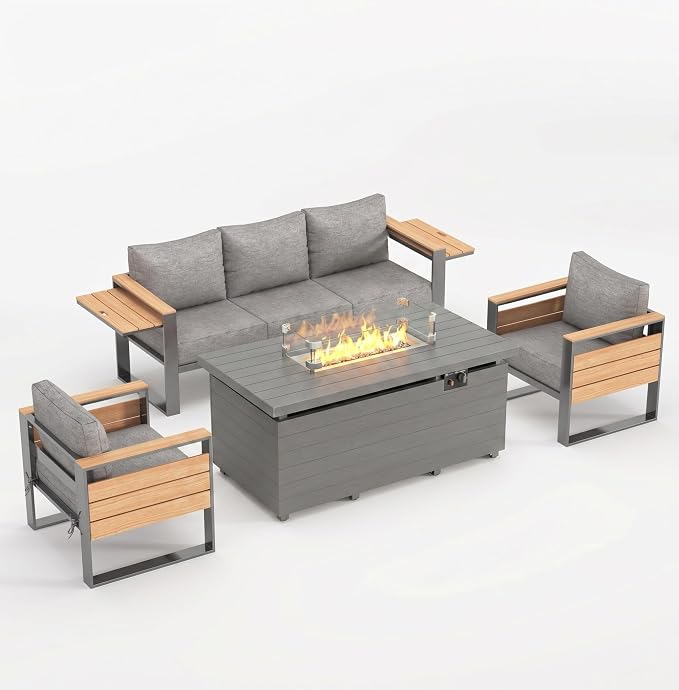 Sundale Outdoor Aluminum Patio Furniture Set with Fire Pit, 4 Piece Patio Conversation Sets with 5" Thick Cushions, Shimmer Coated Outdoor Couch with 2 Extendable Side Tables for Yard, Deck