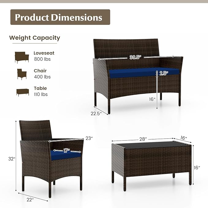 Tangkula 4 Piece Patio Rattan Conversation Set, Outdoor Wicker Furniture Set with Chair, Loveseat & Tempered Glass Table, Cozy Seat Cushions, Outside Sectional Sofa Set for Backyard