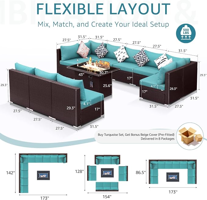 NICESOUL 11 Piece Outdoor Furniture Set with Fireplace, Luxury 10-Seats Patio Sectional Sets, 29.3'' High-Back Backyard Seating Area, All-Weather Wicker Couch Sofa Modular, Brown & Teal
