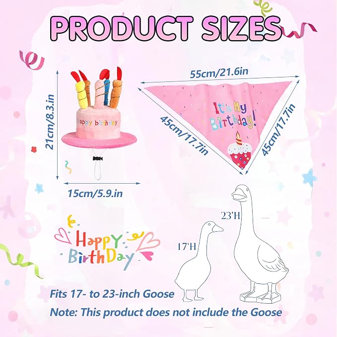 Happy Birthday Goose Outfit Porch Goose Outfits with Happy Birthday Cake Hat and Bandana Yard Geese Outfits for 23" 17" Cement/Plastic Porch Goose Outdoor Statue Patio Yard Lawn Art (Pink)