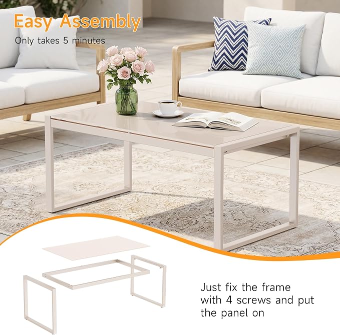 ONBRILL Rectangle Coffee Table with Tempered Glass Desktop, Galvanized Frame Outdoor Coffee Table with Adjustable Feet for Patio, Balcony, Deck, Living Room, Sand