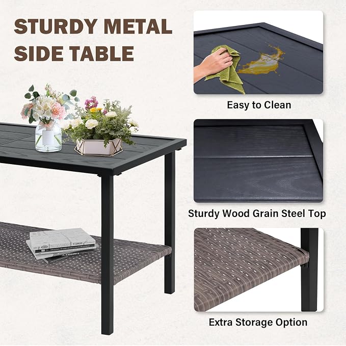 Sunset Escape Wicker Coffee Table, Rattan Rectangle Tea Table with Wood Grain Tabletop and 2-Tier Storage for Patio, Balcony and Garden, Black/Brown