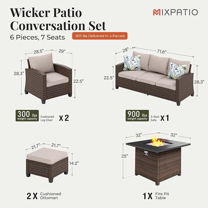 MIXPATIO Patio Furniture Set, 6 Pcs Wicker Rattan Outdoor Conversation Set, 2 x Leg Chairs, 1 x 3 Seater Sofa and 2 x Ottoman with 4" Thick Cushion and 32" Fire Pit Table, Beige