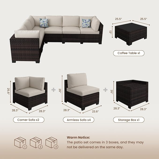 8-Piece Modular Patio Furniture Set with Storage Box Outdoor Sectional Sofa | Patio Conversation Set with Coffee Table, PE Rattan Wicker Couch with Waterproof Cushions for Backyard, Deck & Porch, Beige