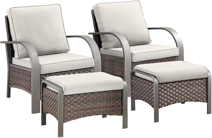 HUMMUH Outdoor Wicker Chairs Set of 2-All Weather Rattan Wicker Patio Chairs with Ottoman Small Outdoor Furniture Set for Deck Porch Garden Poolside Backyard-Brown/Beige