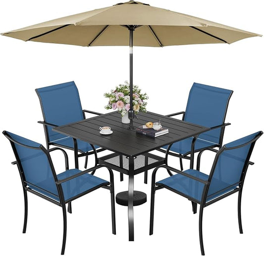 5-Piece Patio Dining Set with Umbrella,4 Person Outdoor Table and Chairs Set, 4 Metal Dining Chairs and Square Outdoor Table with 1.57" Umbrella Hole,Blue