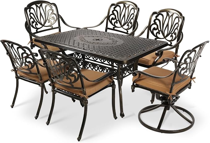 VIVIJASON 7 Pieces Cast Aluminum Outdoor Furniture Dining Set, Include 4 Stationary Chairs, 2 Swivel Dining Chairs and a Rectangle Table with 2" Umbrella Hole, Patio Conversation Set for Lawn Garden