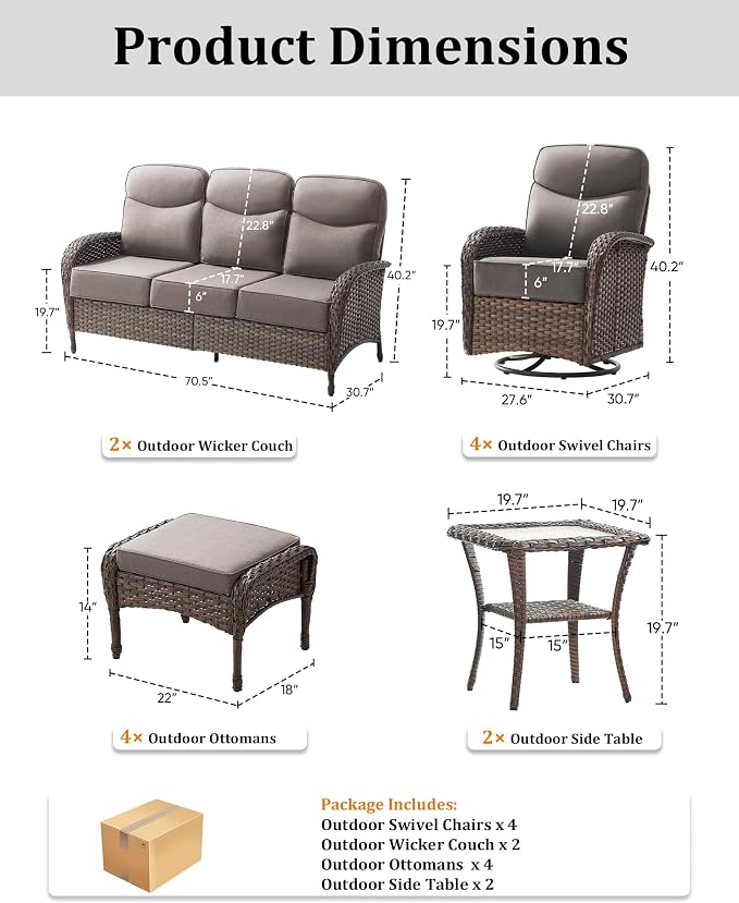 12-Piece Luxury Patio Furniture Set with 6-inch Thick Cushion,Outdoor Wicker Sofa Couch Set of 2 & Swivel Rocker Chairs, Conversation Set for Poolside, Deck & Yard - Gray