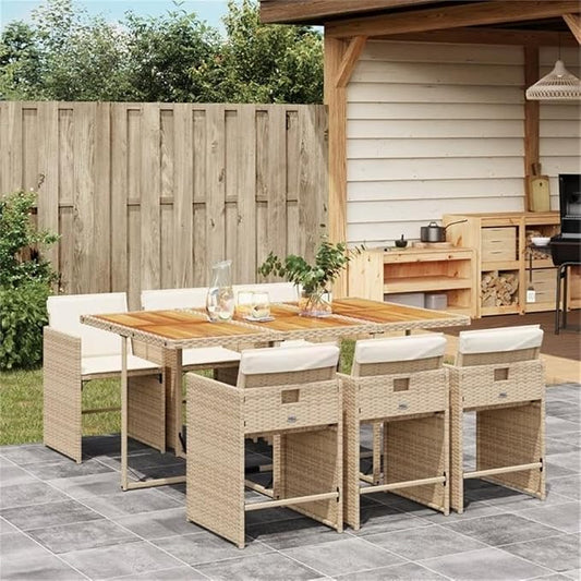 Afuera Living 7-Piece Poly Rattan Patio Dining Set, Brown Finish, Includes Acacia Wood Table and 6 Cushioned High-Back Chairs, Foldable Design, Weather-Resistant, Modern Style Outdoor Furniture for