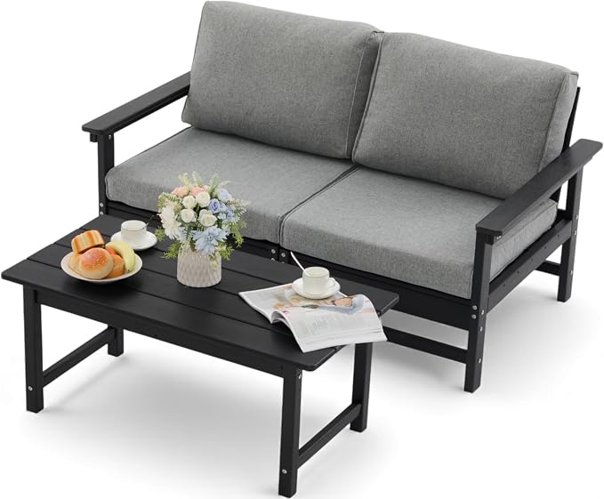 HDPE Outdoor Patio Furniture Set, 3-Piece Sofa Set with Loveseat Couch & Coffee Table, Weatherproof Conversation Set with Cushions, All-Weather Waterproof, for Garden, Porch & Backyard