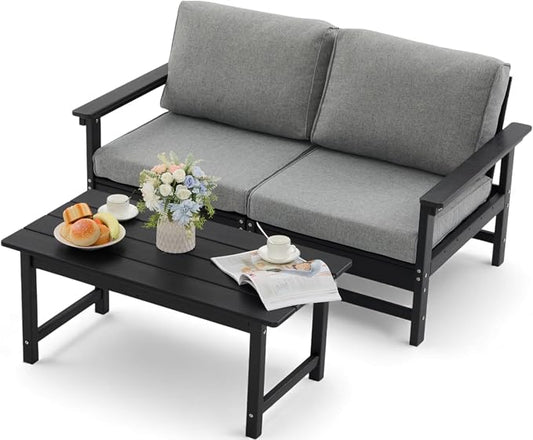 HDPE Outdoor Patio Furniture Set, 3-Piece Sofa Set with Loveseat Couch & Coffee Table, Weatherproof Conversation Set with Cushions, All-Weather Waterproof, for Garden, Porch & Backyard