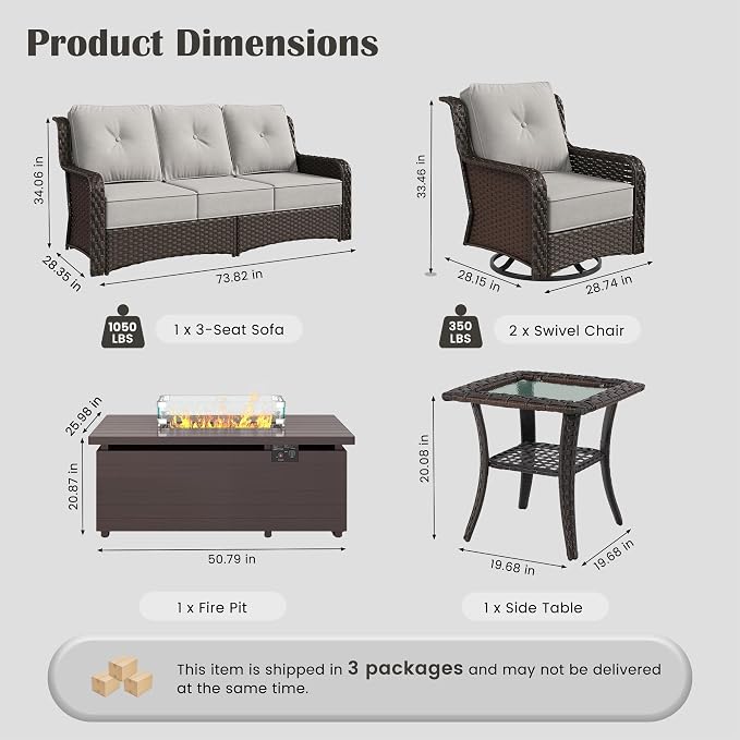 Sundale Outdoor Wicker Patio Furniture Set with Fire Pit, 5 Piece All Weather Outdoor Furniture Set with Swivel Chairs & Couch, High Back Patio Conversation Sets with 6" Cushions for Yard, Deck (Grey)