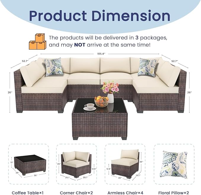 7 Piece Outdoor Patio Furniture Set with Modular Rattan Wicker Sectional Sofa Couch, Water Washable Thick Cushions, Modern Outdoor Conversation Set with Coffee Table for Garden(Blue)