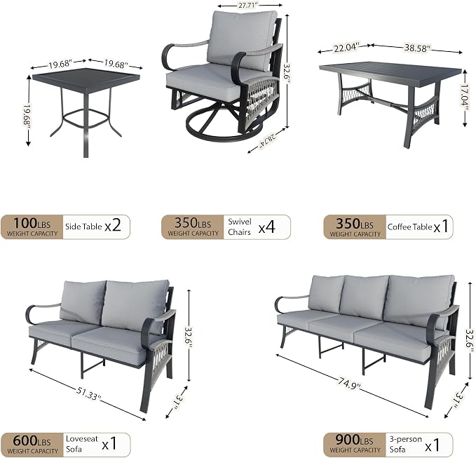 9-Piece Patio Conversation Sets, Metal Outdoor Furniture Set Includes 3-Seater 4 Swivel Rockers with 2 Side Tables 1 Loveseat with Coffee Table for Backyard Garden Deck Porch Poolside, Gray