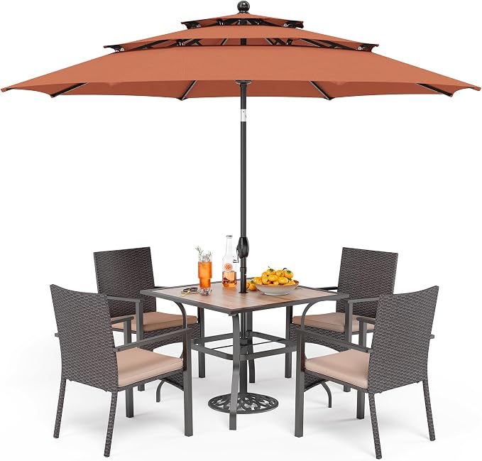 PHI VILLA 5 Pieces Outdoor Dining Set with Umbrella for 4, 37" Square Metal Polywood Table & Cushioned Wicker Rattan Chairs & 10ft Navy Blue Umbrella Furniture for Patio, Deck, Yard, Porch