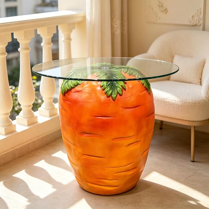 Carrot Shaped Side Table with Glass Top Resin Fruit Stool Novelty End Table for Living Room Bedroom Patio Garden, Outdoor Indoor Accent Table