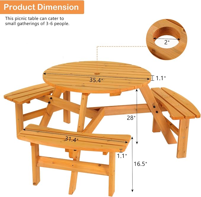 Outdoor Picnic Table Set,6-Person Outdoor Circular Wooden Picnic Table with 3 Built-in Benches, Outside Table and Bench Set for Porch Backyard Patio Lawn Garden