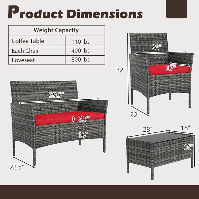 Tangkula 8 Pieces Patio Rattan Conversation Set, Outdoor Wicker Furniture Set with Cushioned Chair, Loveseat & Tempered Glass Table, Outside Sectional Sofa Set for Backyard (G-red,2)
