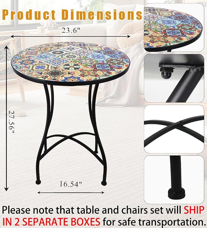 3 Piece Bistro Sets Mosaic Tile Round Table Folding Chairs Garden | Set of 3 Patio Furniture 23.6" Table and 2 Chairs Outdoor Bistro Chairs Artistic Table for Balcony Porch Apartment Backyard