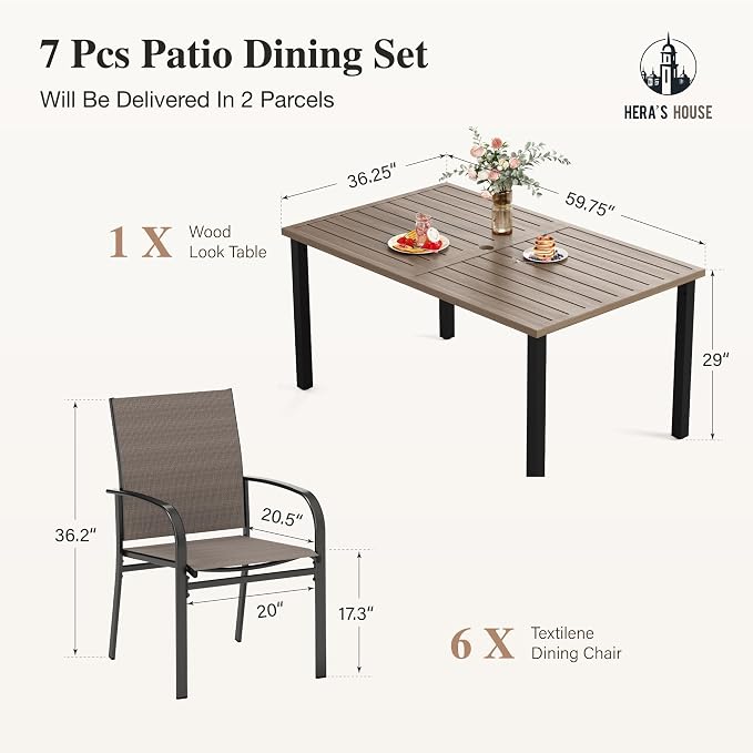 HERA'S HOUSE 7pc Patio Dining Set, Outdoor Wood-Like Metal Table & 6 Chairs | Brown textilene chairs + 60" rectangle table with umbrella hole. Waterproof, rust-resistant, all-weather for deck, garden