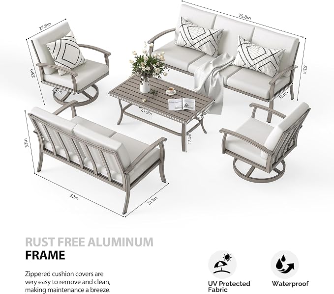 HAPPATIO 5 Piece Aluminum Patio Furniture Set, 7-Person Outdoor Swivel Chairs, Loveseat and 3-Seat Sofa, All-Weather Outdoor Sectional Sofa with Comfortable Cushions and Coffee Table(Gray)